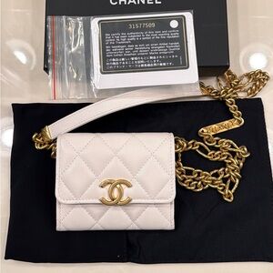 CHANEL Cream Quilted Caviar Leather Mini Wallet on Gold Chain